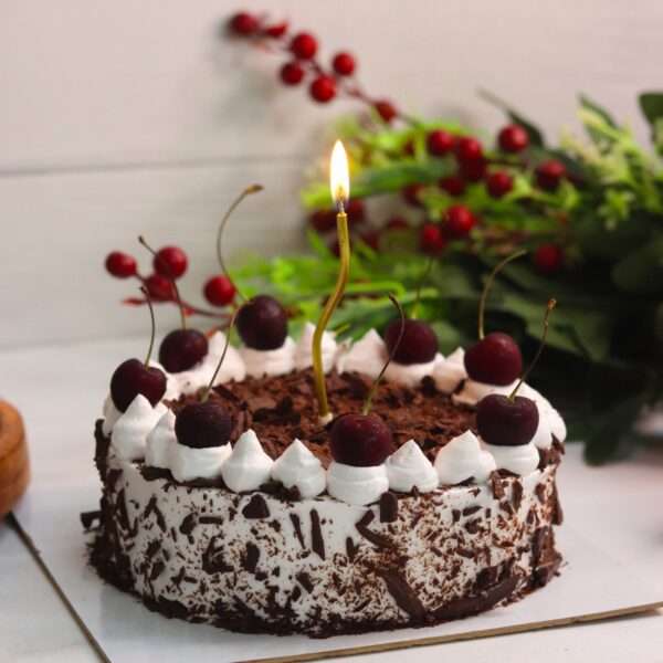 A rich chocolate cake known as 'Black Forest Cake,' featuring whipped cream and cherries, topped with chocolate shavings and whole cherries.
