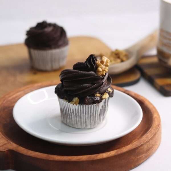 chocolate walnut cupcake with chocolate mousse piping