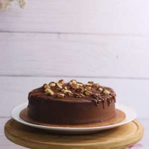 Chocolate hazelnut cake with hazelnut garnishing and milk chocolate and caramel drizzle