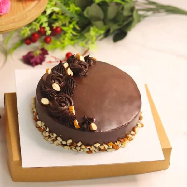 Chocolate roasted almond cake with chocolate garnishing