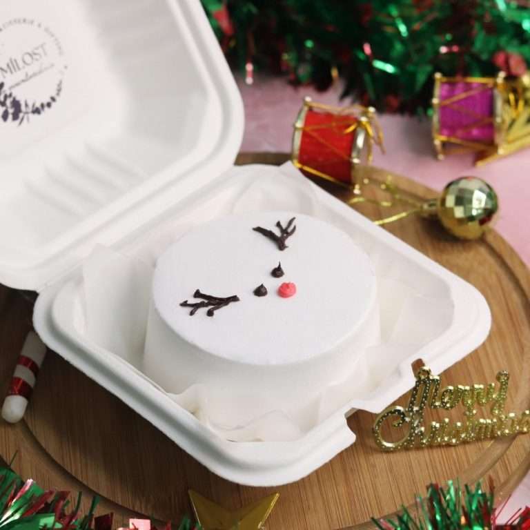 A white bento cake with reindeer design