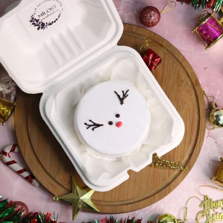 A white bento cake with reindeer design